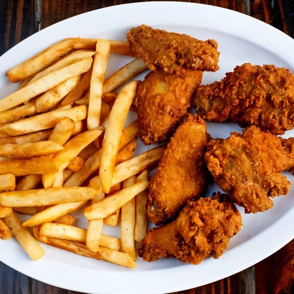 A white platter holds golden-brown french fries and several pieces of crispy fried chicken.
