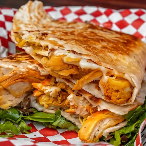 A golden-brown quesadilla, filled with melted cheese and chicken, served on a bed of lettuce in a red and white checkered basket.