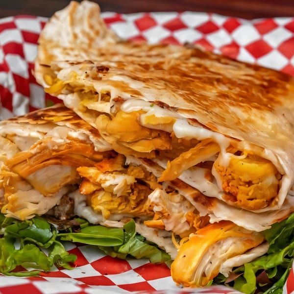 A golden-brown quesadilla, filled with chicken and melted cheese, rests on a bed of green lettuce.