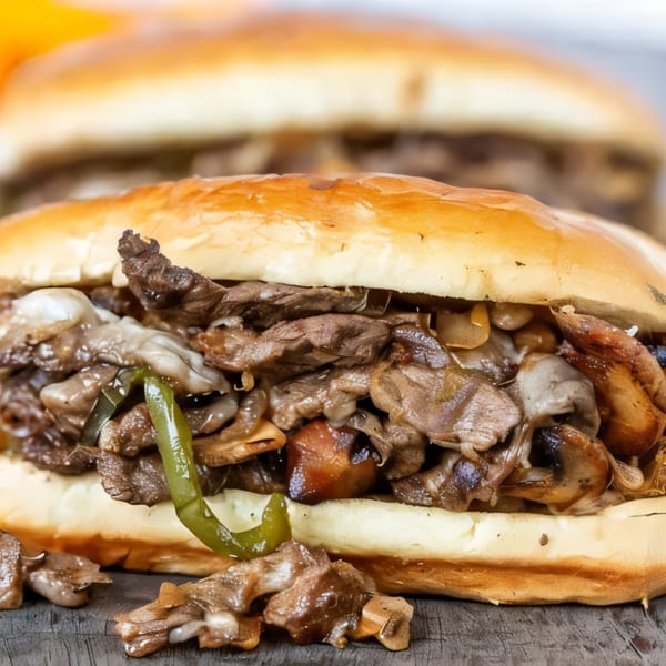 Close-up of a Gyro Guys gyro, filled with meat, mushrooms, and green peppers on a bun.