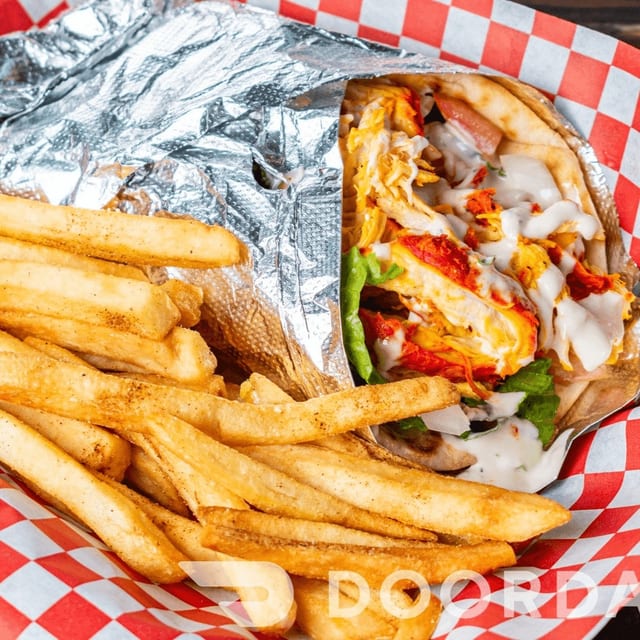 Chicken Pita Wrap with Fries.