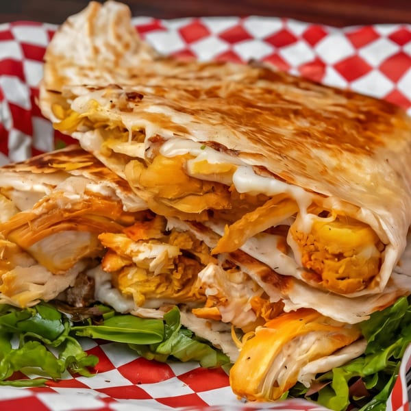A Gyro Guys quesadilla, filled with chicken and cheese, served on a bed of lettuce.