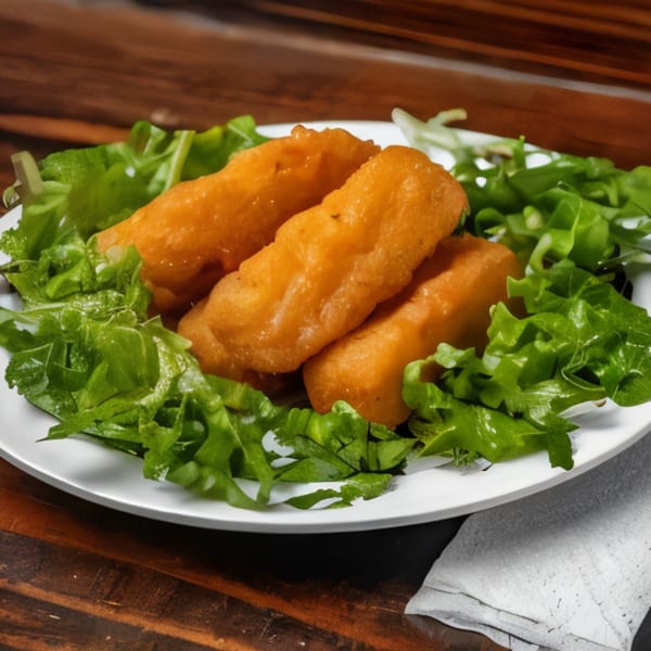 Three golden-brown fried halloumi sticks from Gyro Guys, nestled on a bed of fresh green lettuce.